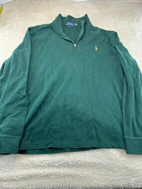 Polo Ralph Lauren Mens Long Sleeve Quarter-Zip Pullover Green Large Cotton Ribbe